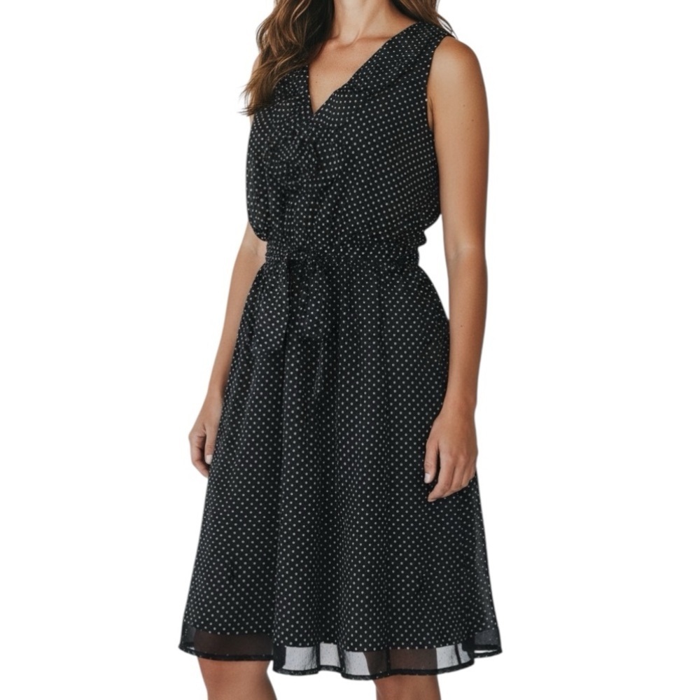 NWOT WHITE HOUSE BLACK MARKET Polka Dot Sleeveless Ruffle Detail  Dress Size 6